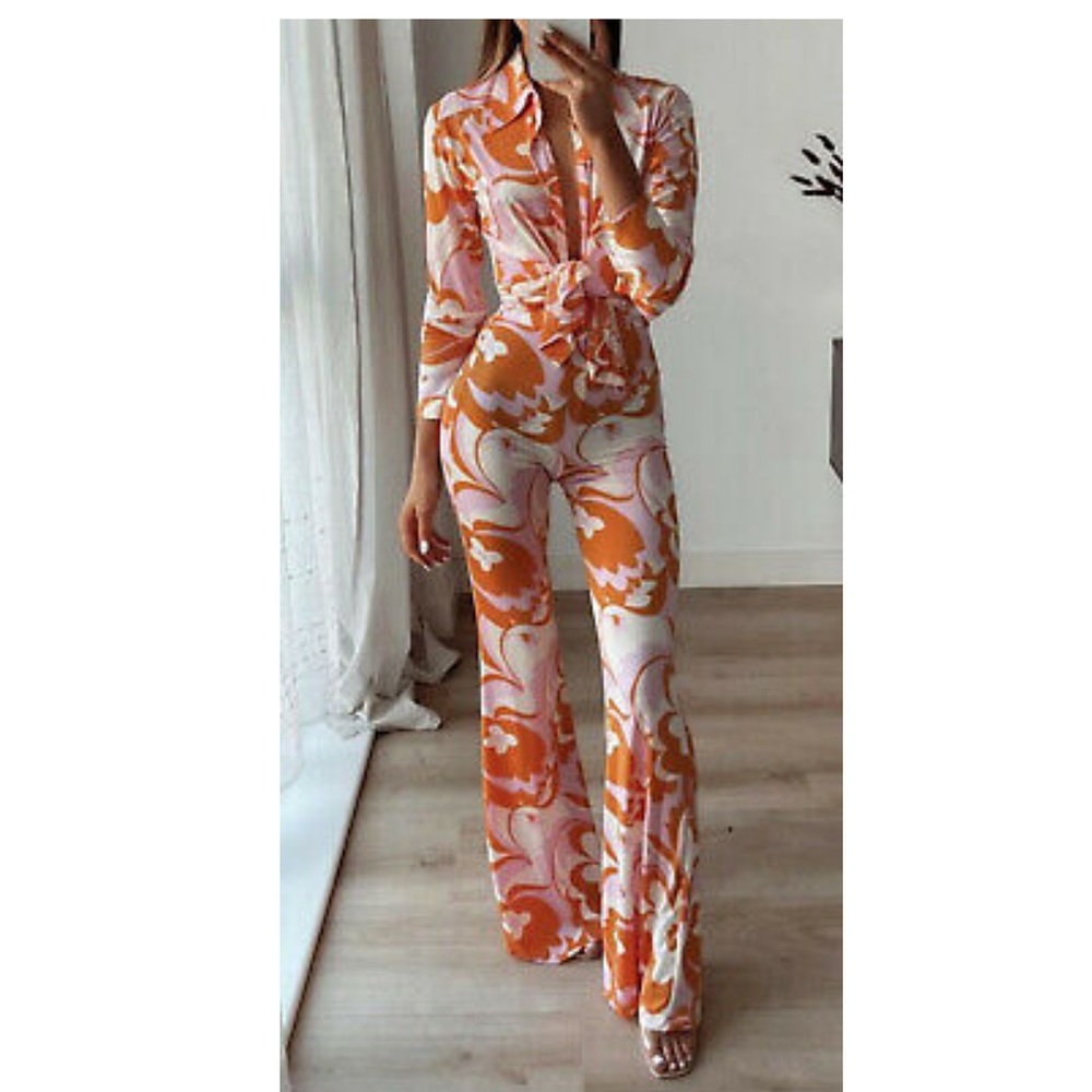 ZARA PRINTED FLARED TROUSERS ELASTIC